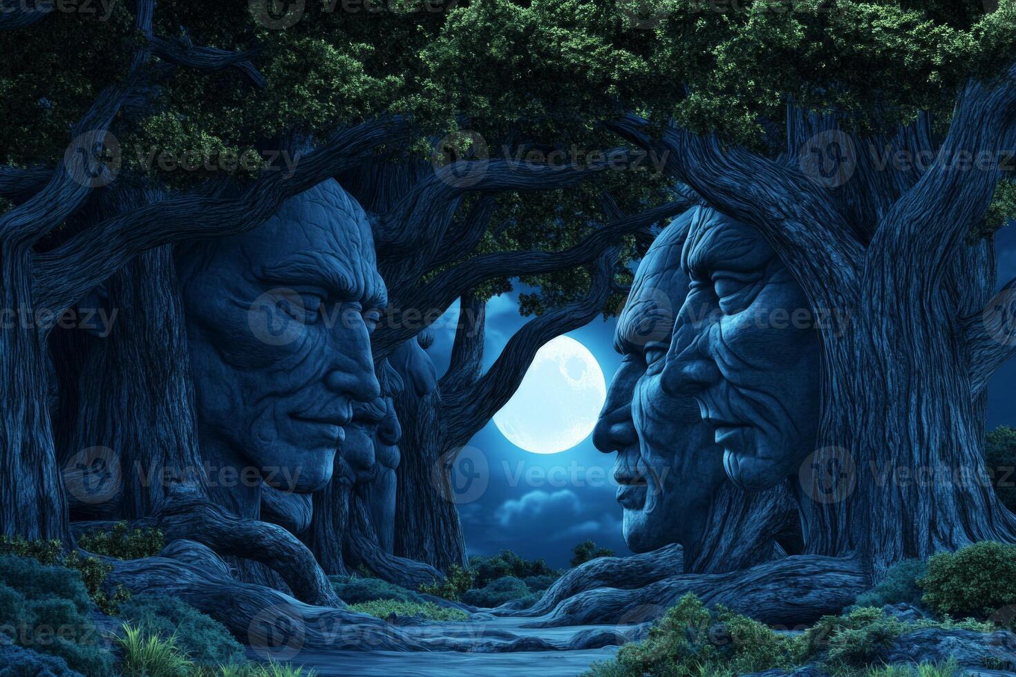 A mystical forest scene where ancient trees bear the carved faces of ancestors, illuminated by moonlight photo
