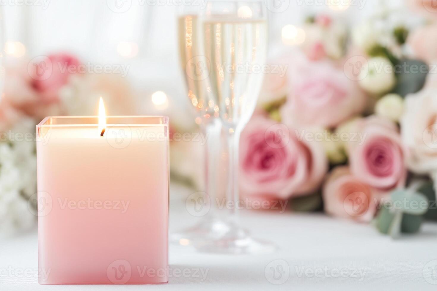 A glowing square candle with a soft peach-to-amber gradient on an indoor wedding table, surrounded by white roses photo