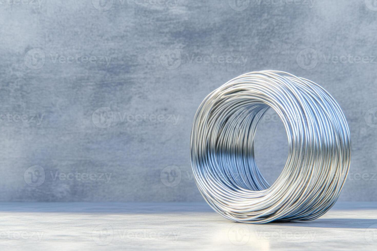 A tightly coiled roll of silver metal wire placed on a smooth concrete surface, reflecting soft light. photo