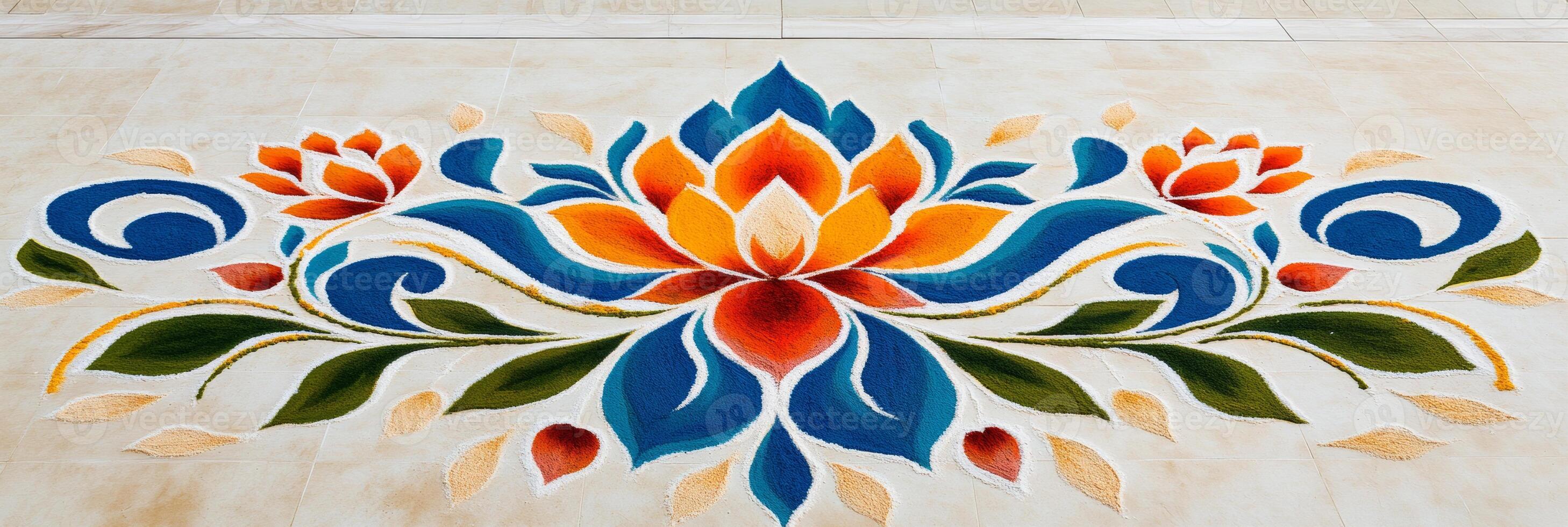 A vibrant modern Rangoli design featuring bold floral patterns in shades of blue, orange, and green photo