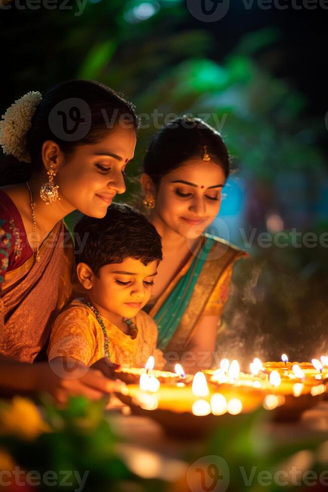 A family dressed in traditional clothing lights diyas in their garden during a festival photo