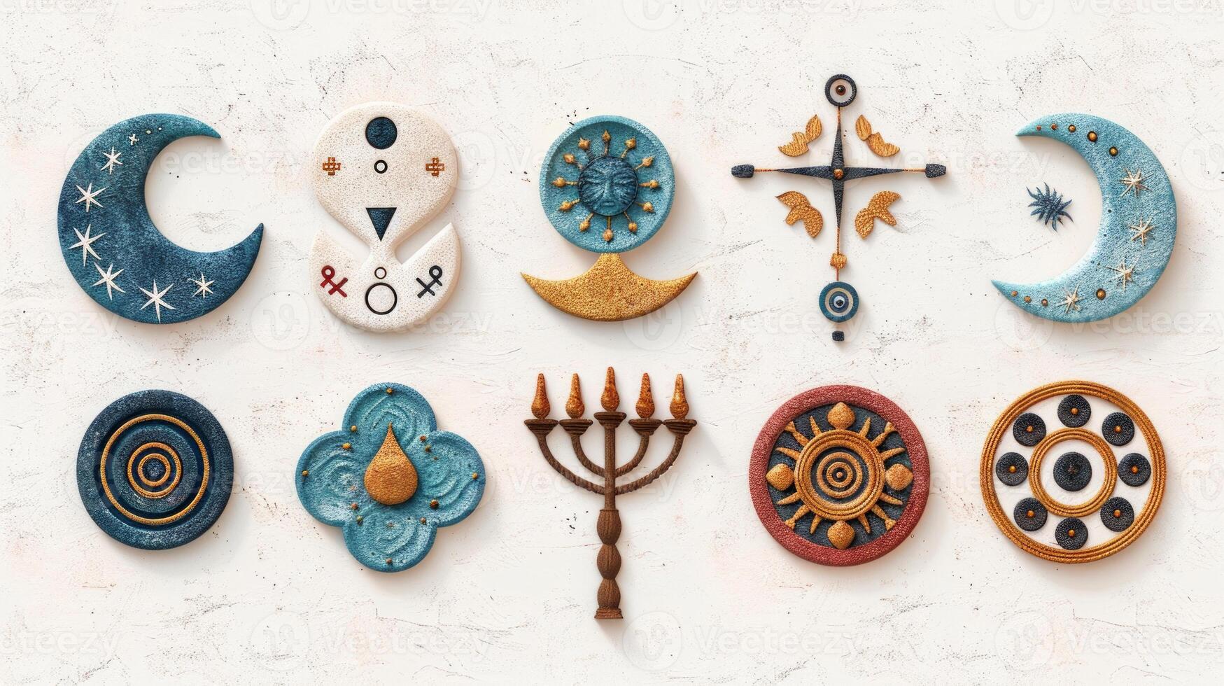 A set of intricately crafted religious symbols, representing major world religions, displayed in wood and ceramic photo