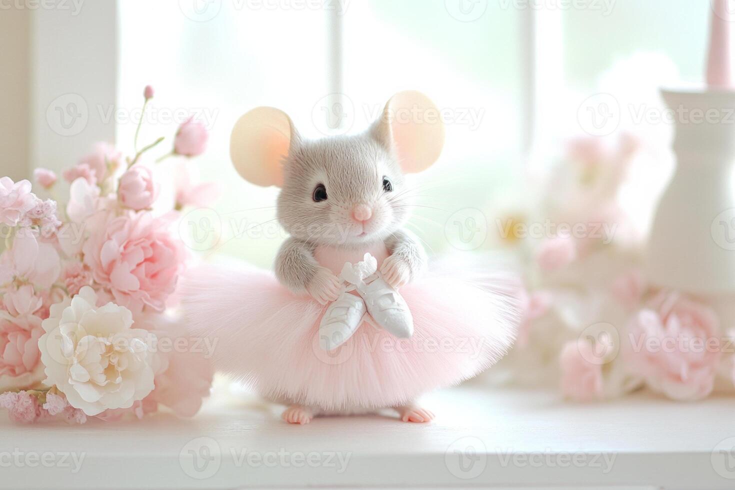 A charming, soft toy mouse dressed in a pink ballerina tutu, surrounded by delicate pastel flowers photo