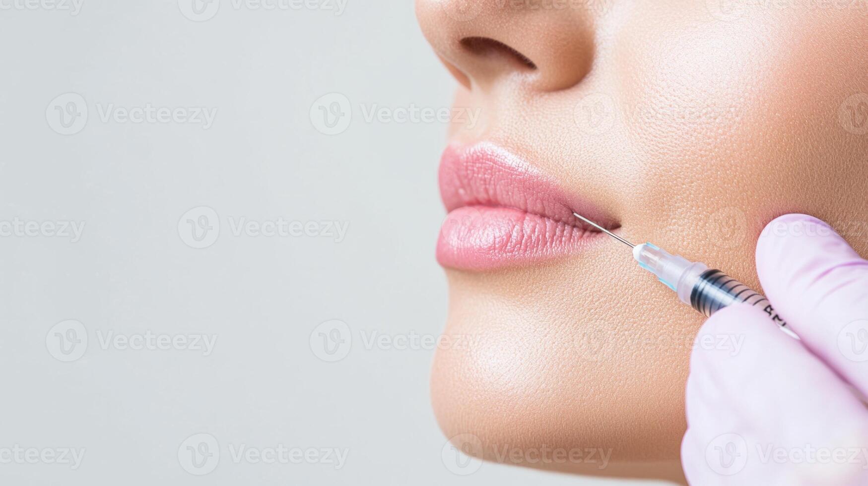 Close-up of a woman receiving a cosmetic lip injection with a syringe photo