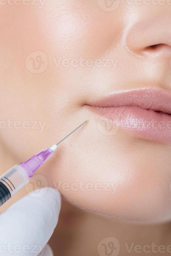 Close-up of a womans face during a cosmetic procedure with a syringe being injected near the lips for dermal fillers photo