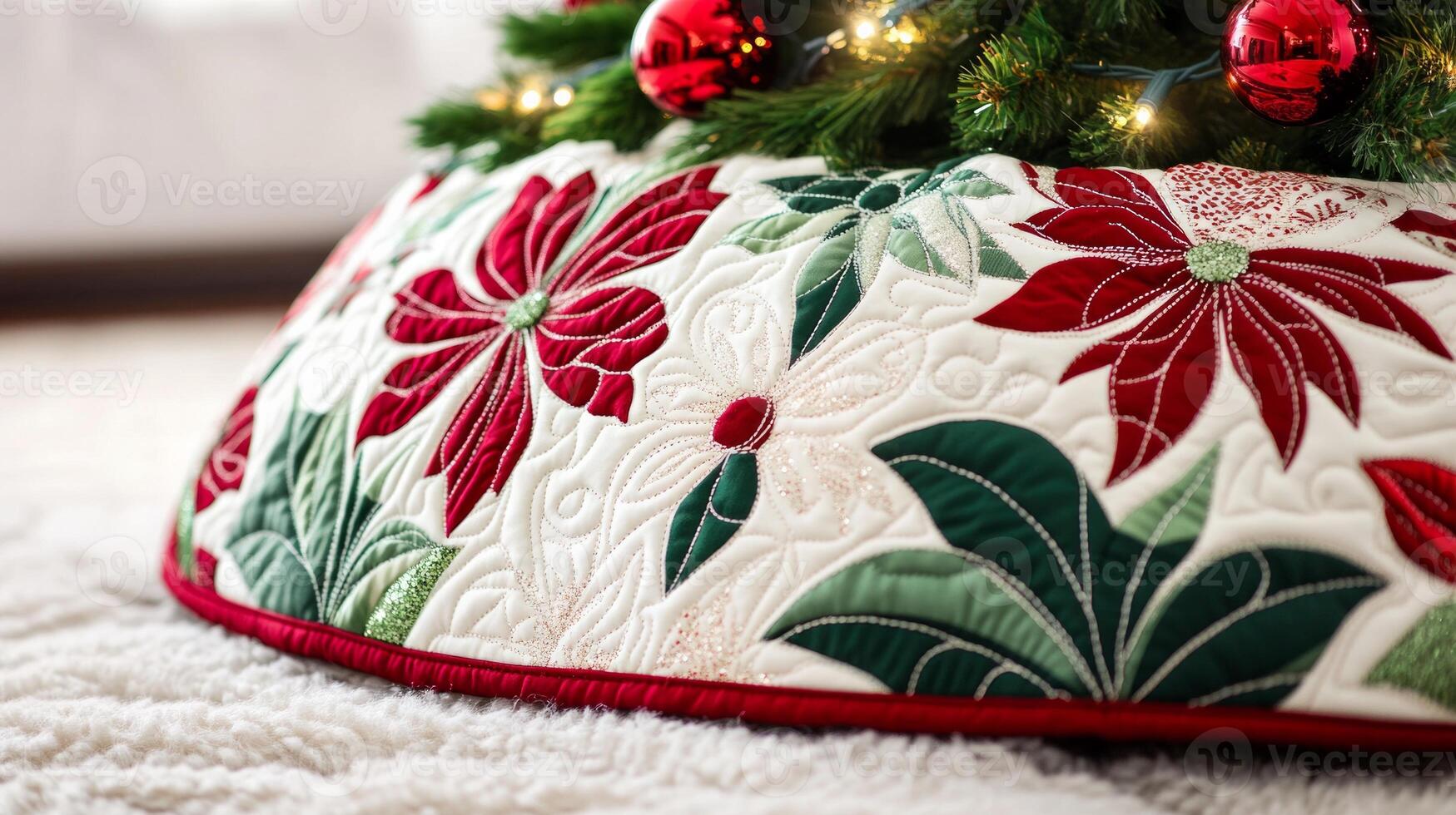 A festive, quilted Christmas tree skirt adorned with red poinsettias and green leaves, resting on a soft, plush rug photo