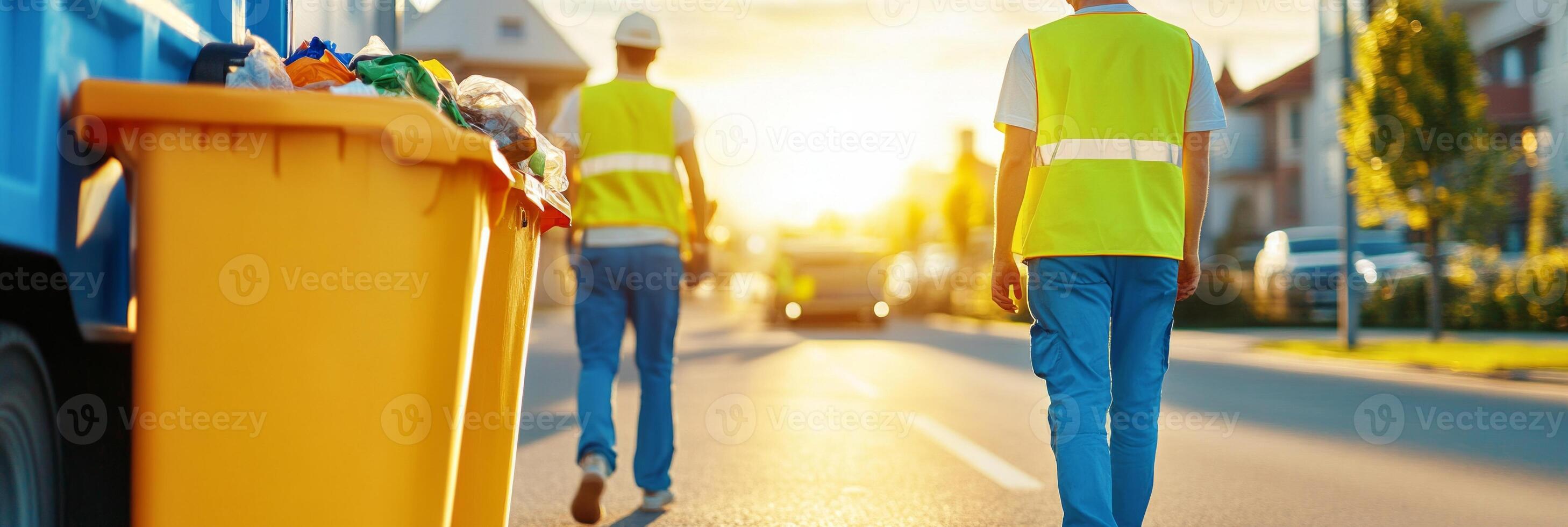 A pair of waste collection workers in bright safety vests efficiently handling recycling bins in a modern neighborhood photo