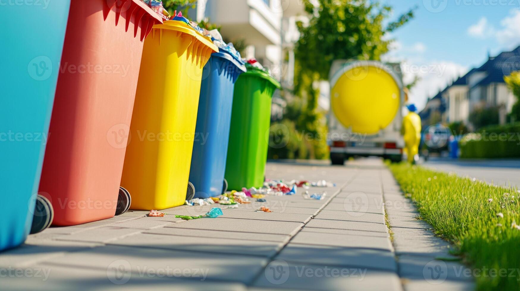 A row of brightly colored recycling bins on a suburban street, with some scattered trash around. photo