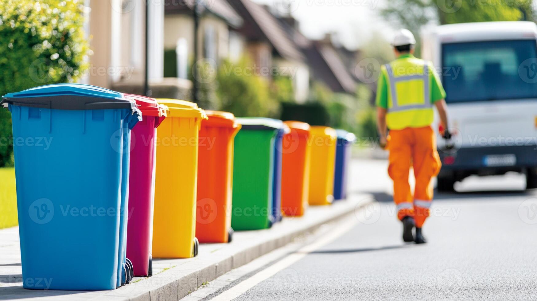 A row of brightly colored recycling bins line a suburban street, with a waste collection worker walking towards them photo