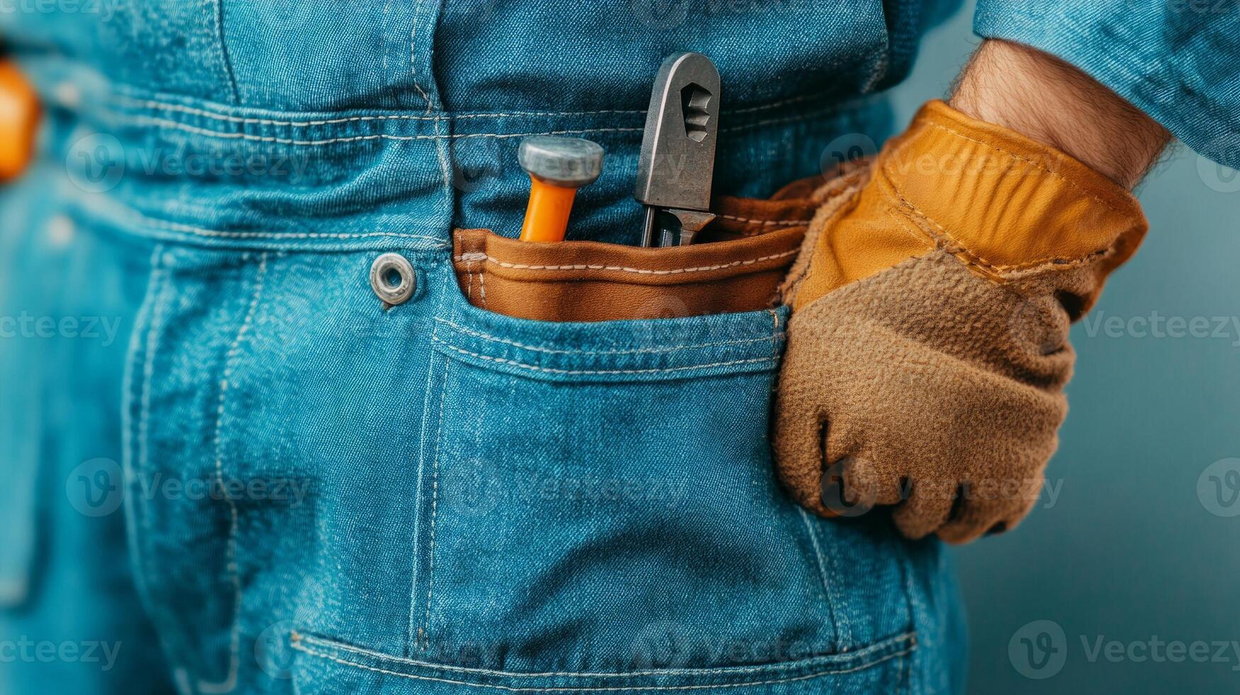 A close-up of a blue-collar worker's uniform, featuring tools in the pocket, work gloves, and sturdy blue fabric. photo