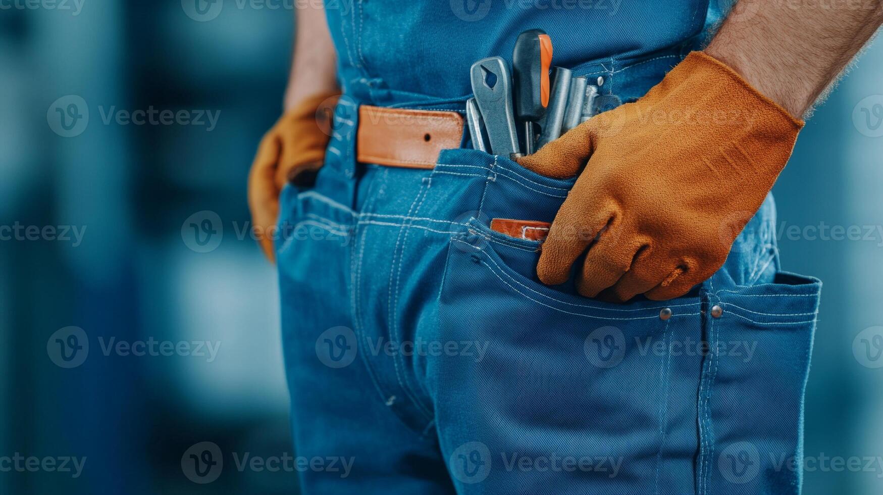 A close-up of a blue-collar worker in blue overalls, with tools in the pocket and wearing protective gloves photo