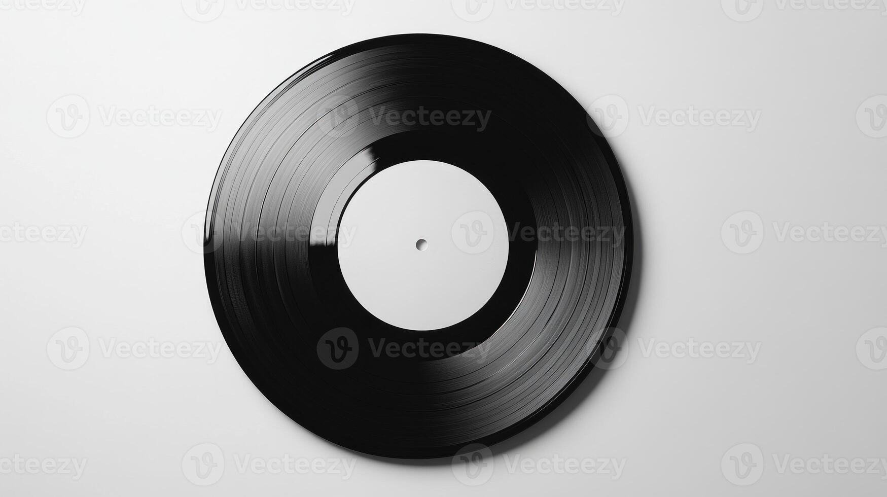 A minimalist image of a black vinyl record with a blank white label, set against a clean, neutral background. photo