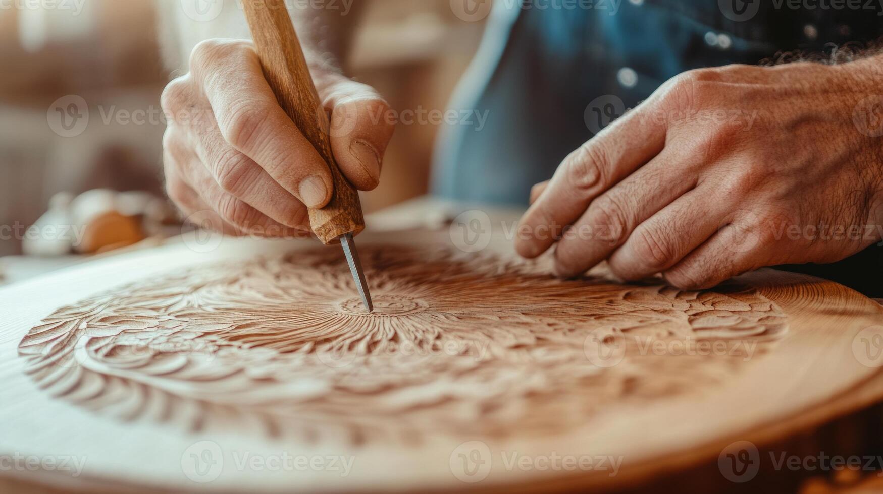 A close-up of hands carefully carving intricate details into a wooden surface using a chisel photo