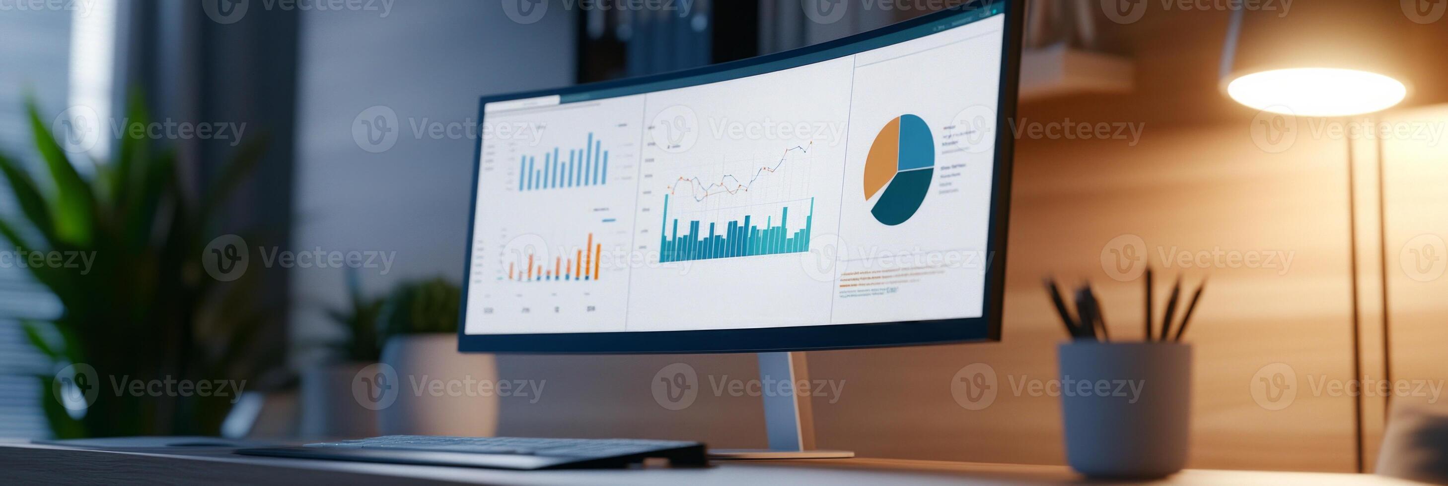A sleek workstation featuring an ultra-thin monitor displaying a benchmarking dashboard with performance metrics, charts photo