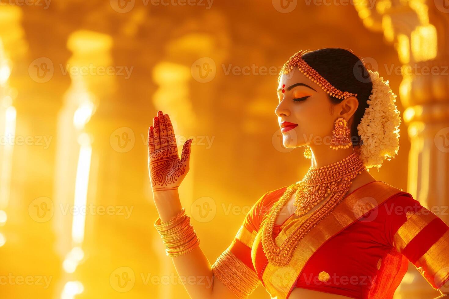 A stunning Bharatanatyam dancer in a vivid red and gold costume performs a graceful pose photo