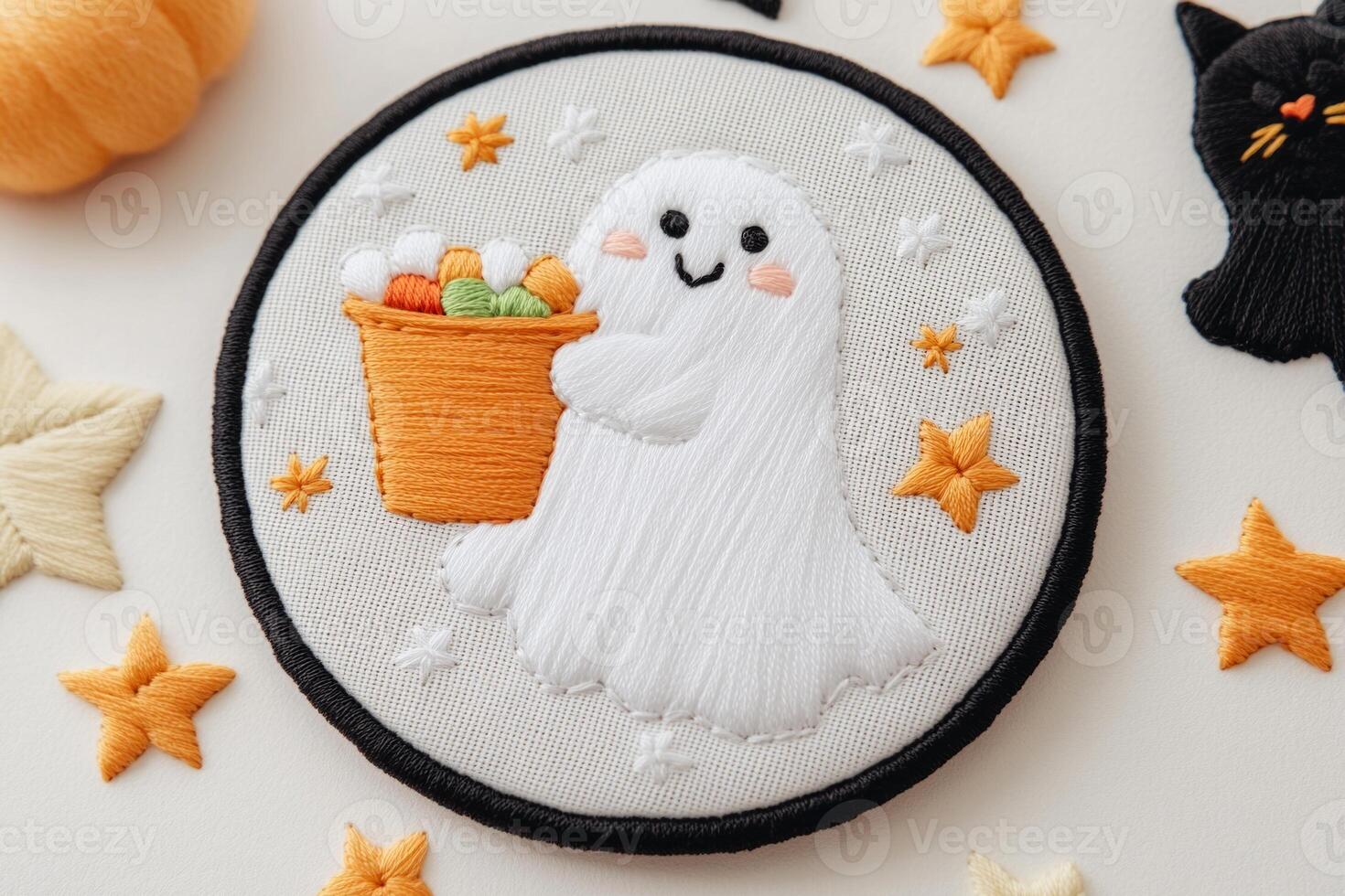 Cute embroidered Halloween patch featuring a smiling ghost holding a candy basket, surrounded by stars photo