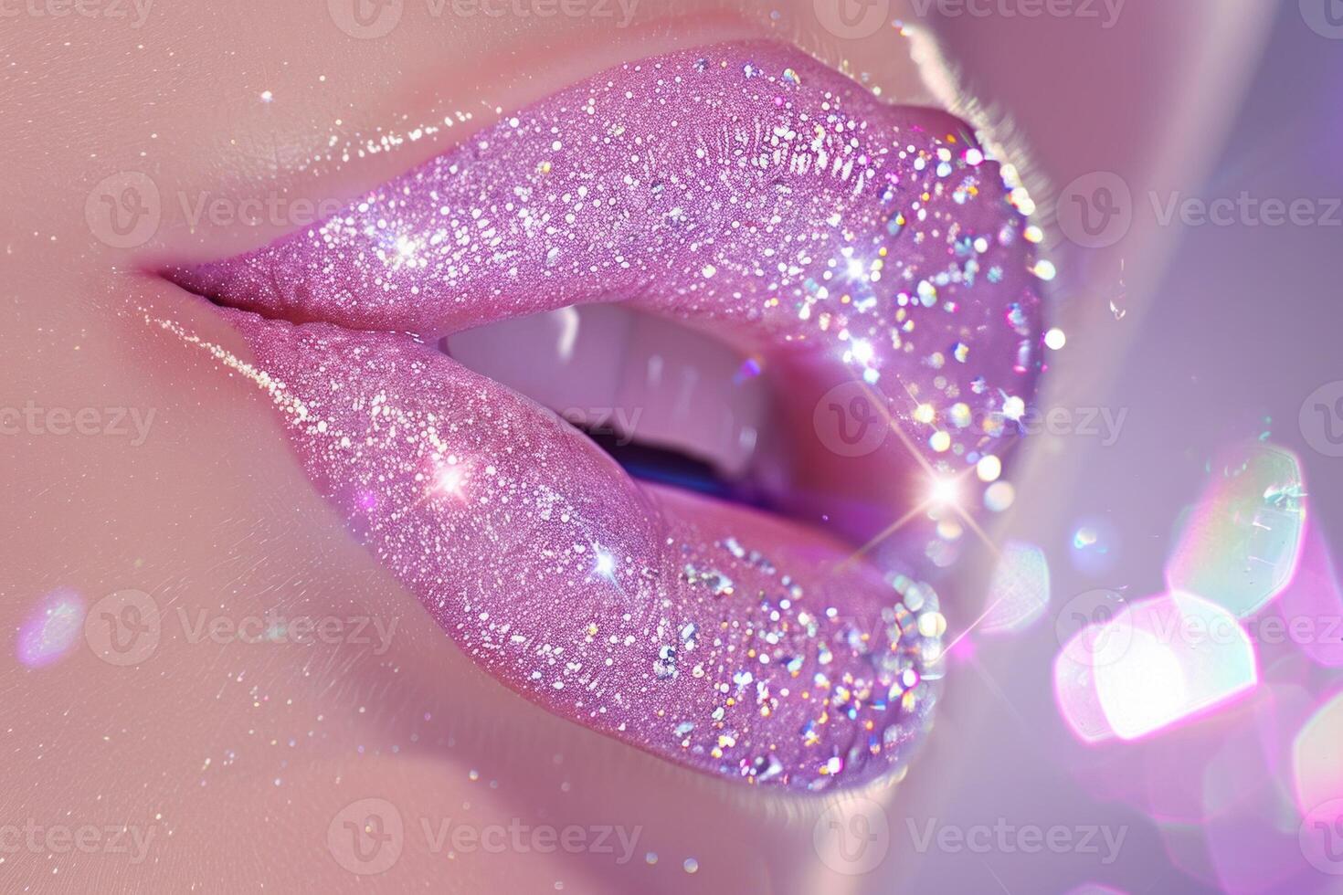 A close-up of shimmering pink lips coated with glitter, exuding a glamorous and radiant look photo