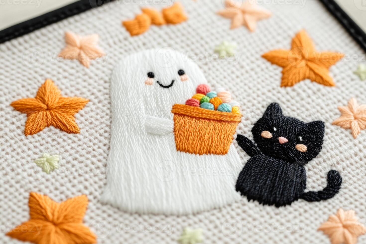 Whimsical Halloween embroidery featuring a smiling ghost holding a candy basket alongside a playful black cat photo