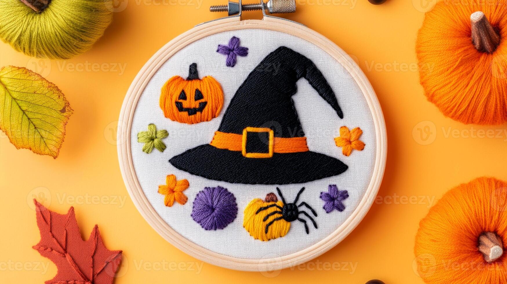 Halloween-themed embroidery featuring a black witch hat, pumpkins, flowers, and a spider in a wooden hoop photo