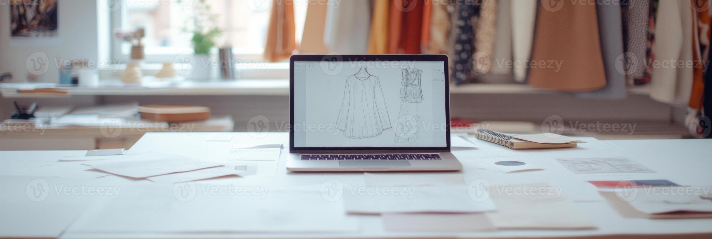 Fashion designers workspace featuring a laptop displaying clothing sketches amidst scattered papers, sketches photo