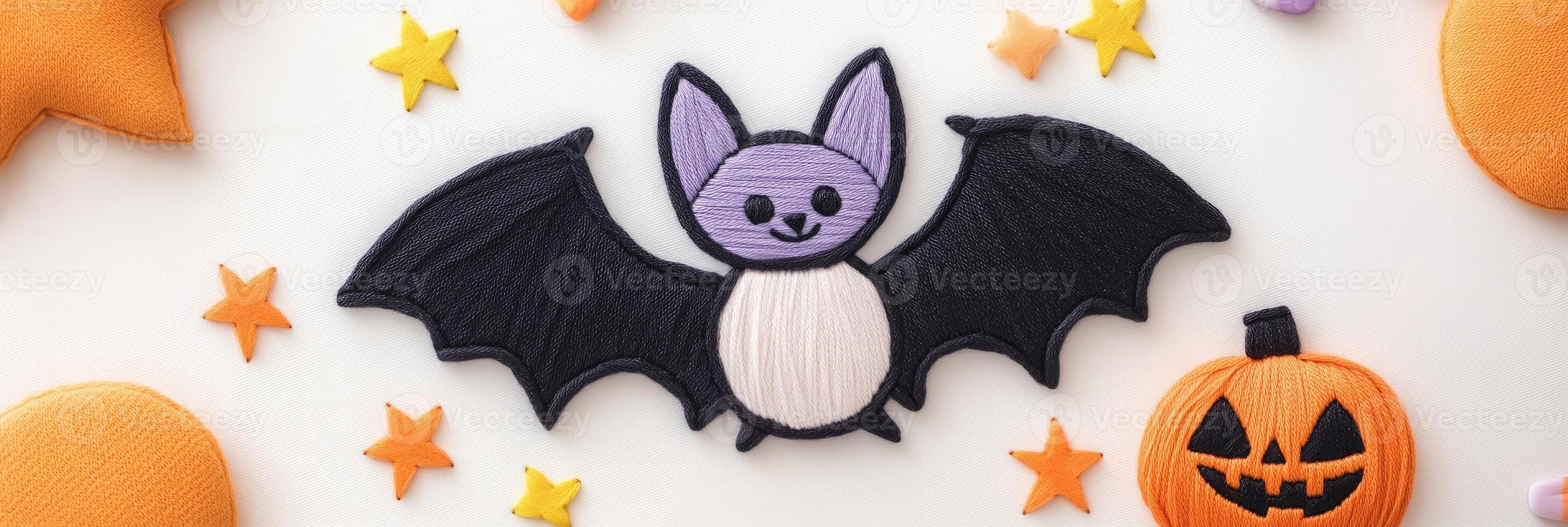 Adorable Halloween embroidery featuring a smiling purple bat, jack-o-lantern, and orange stars on a white background photo