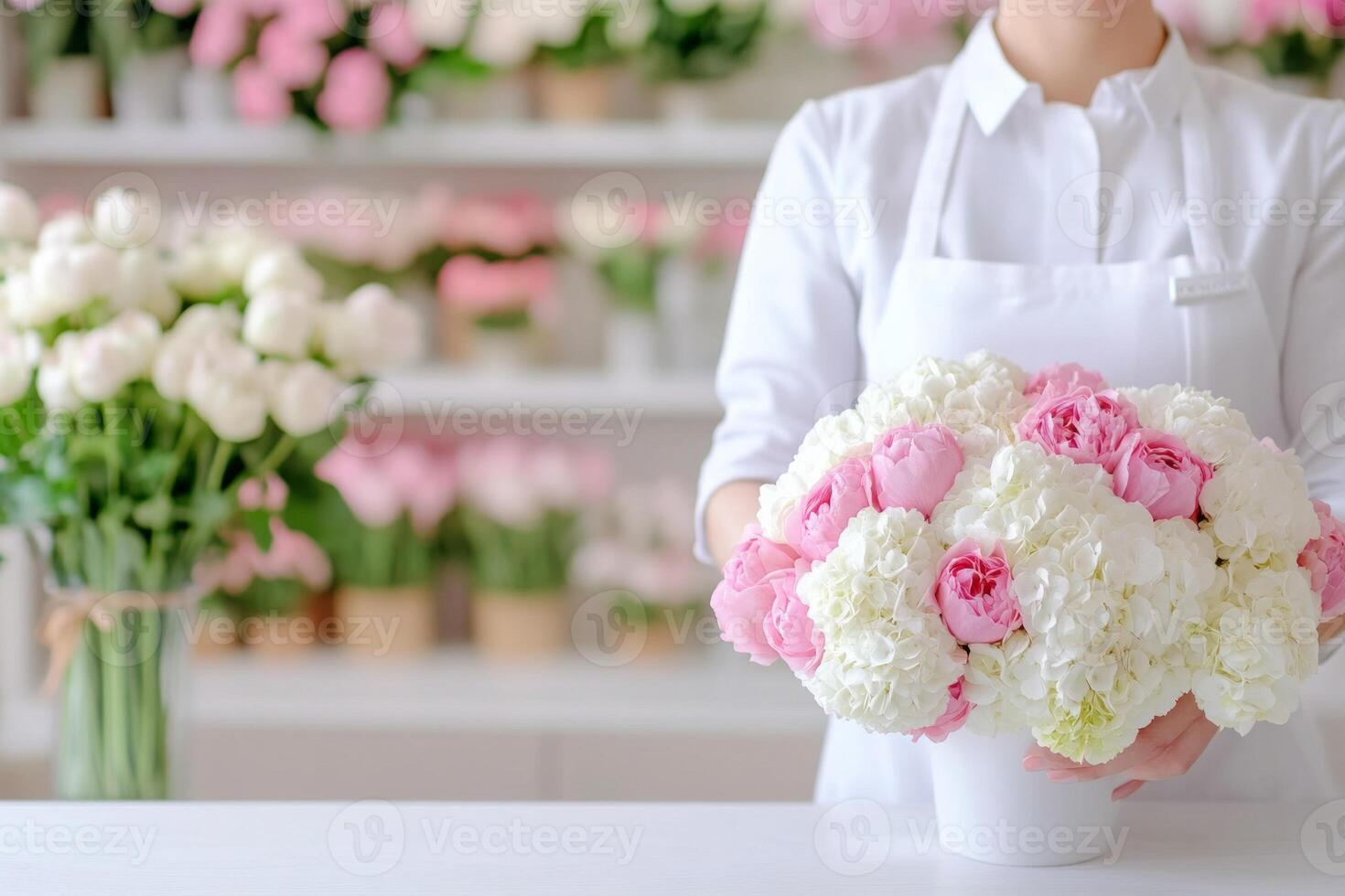 Flower specialist arranging a beautiful bouquet in a bright floral shop during daylight hours photo