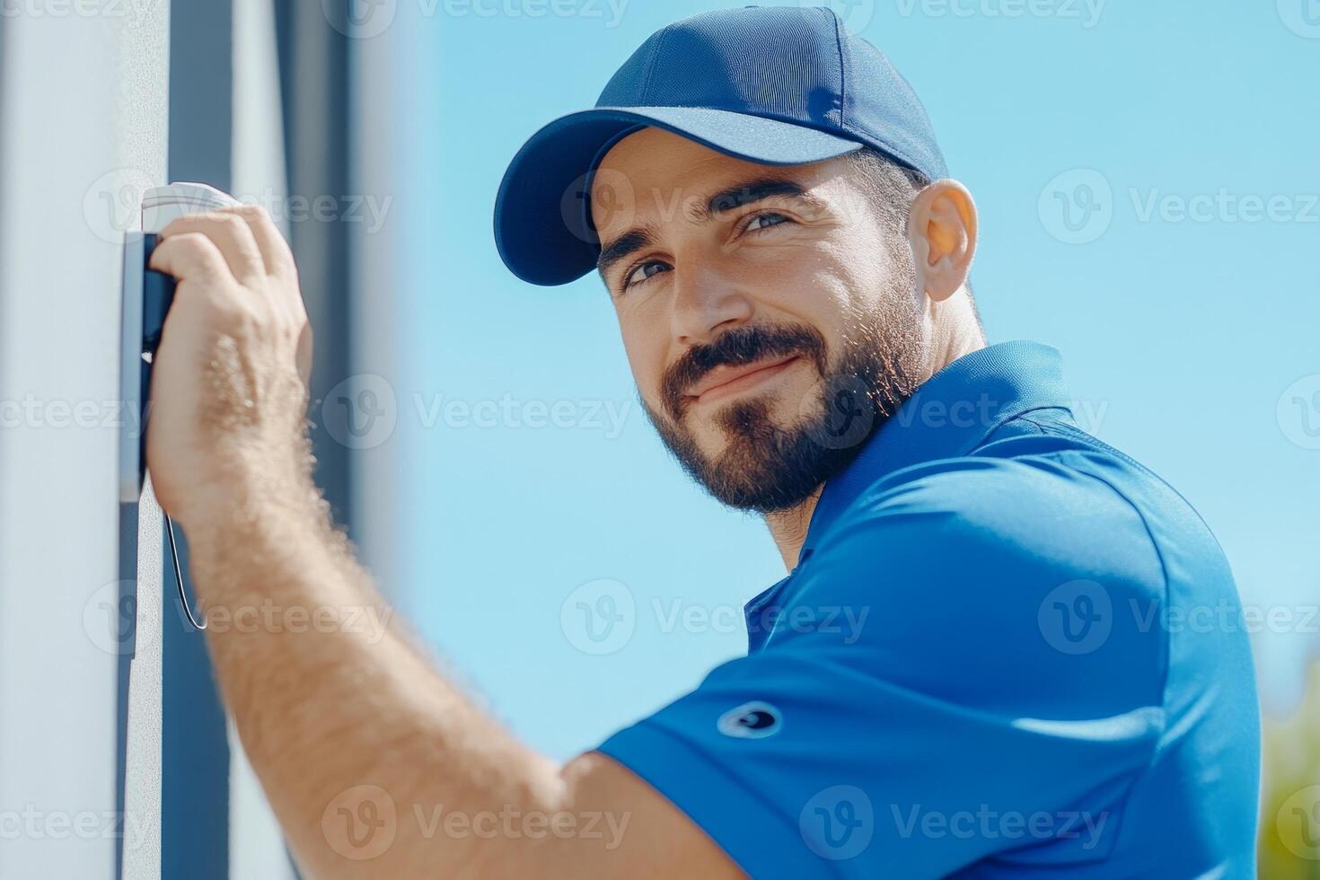 A security technician performing maintenance on a buildings access control system in bright daylight photo