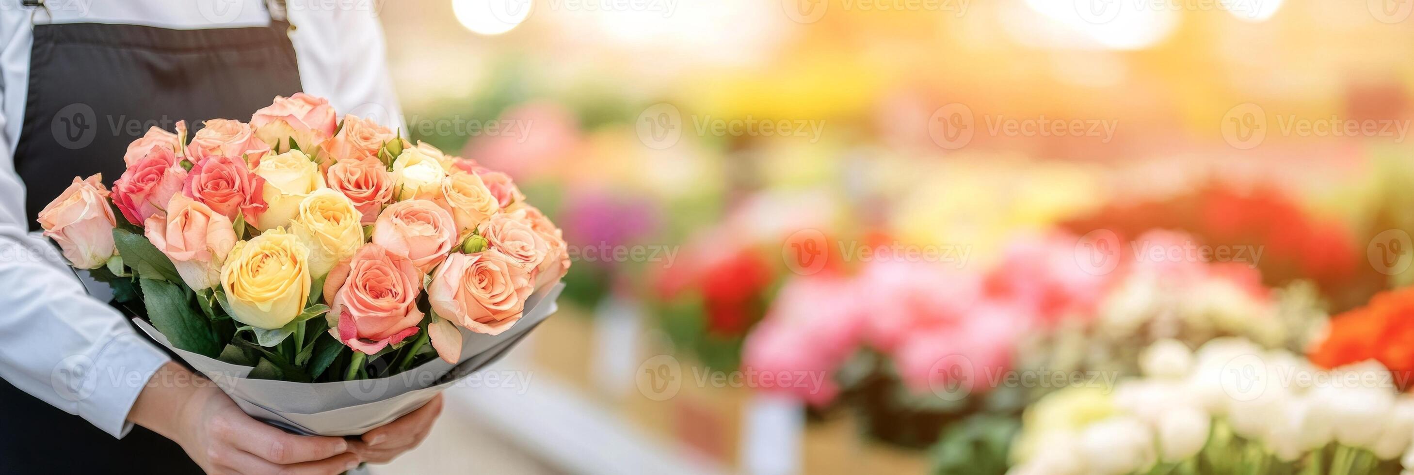 A flower specialist presenting a vibrant bouquet of roses in a colorful floral shop during daylight photo