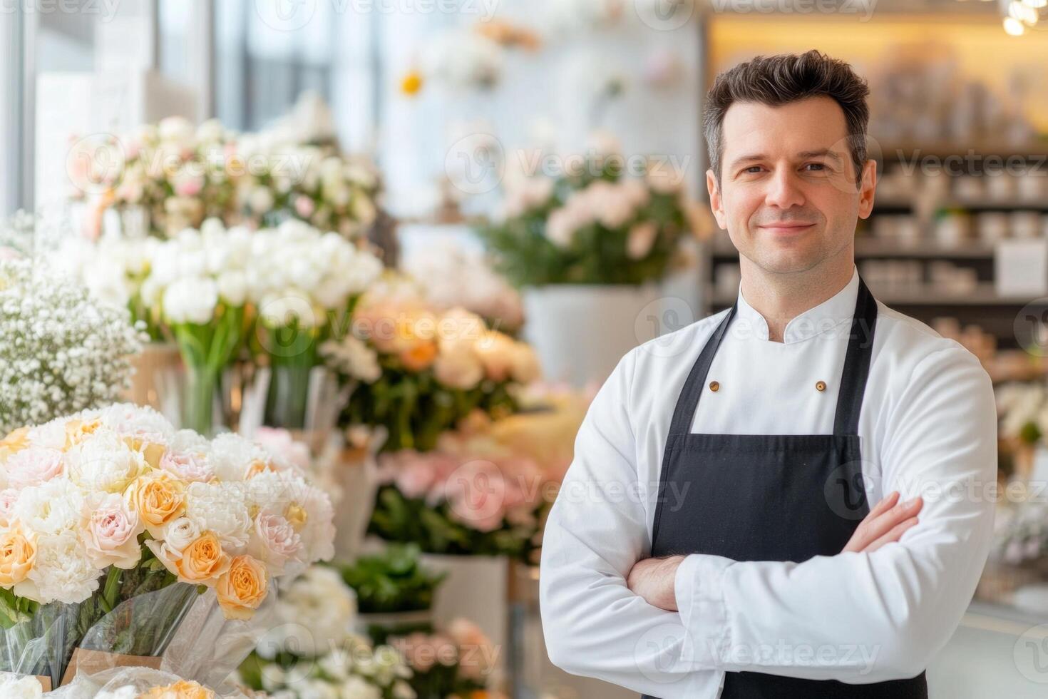 A flower specialist showcasing elegant floral arrangements in a bright, minimalist shop photo