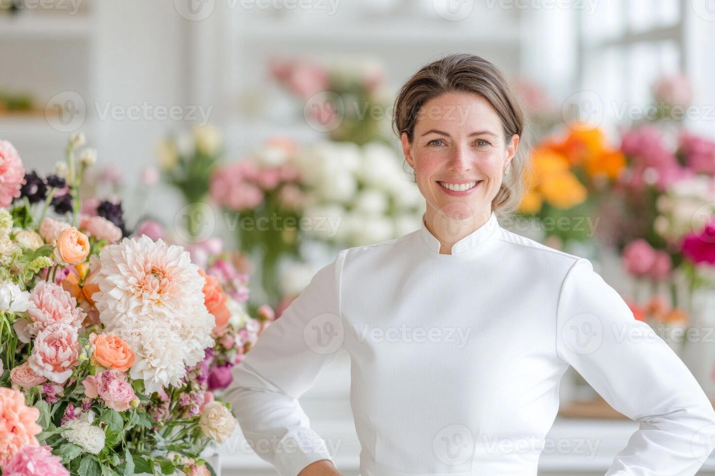 A flower specialist smiles in a bright, minimalistic studio filled with colorful blooms during a sunny day photo