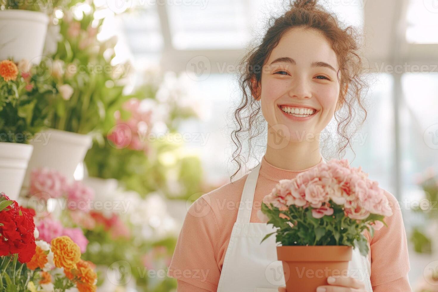 A flower specialist smiles while holding a pink pot of flowers in a vibrant floral shop photo