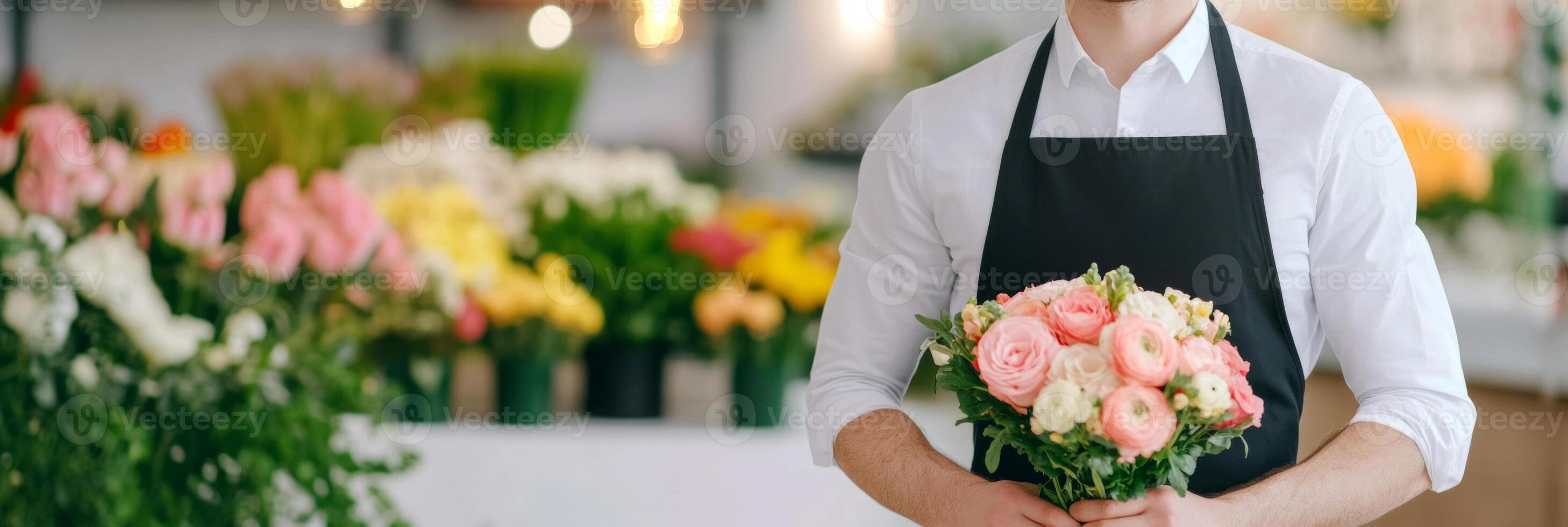 Flower specialist arranging beautiful bouquets in a bright floral shop during daylight hours photo