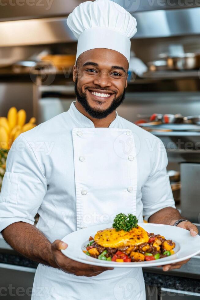 Happy chef proudly presenting a colorful plate of gourmet food in a modern kitchen setting during daylight photo