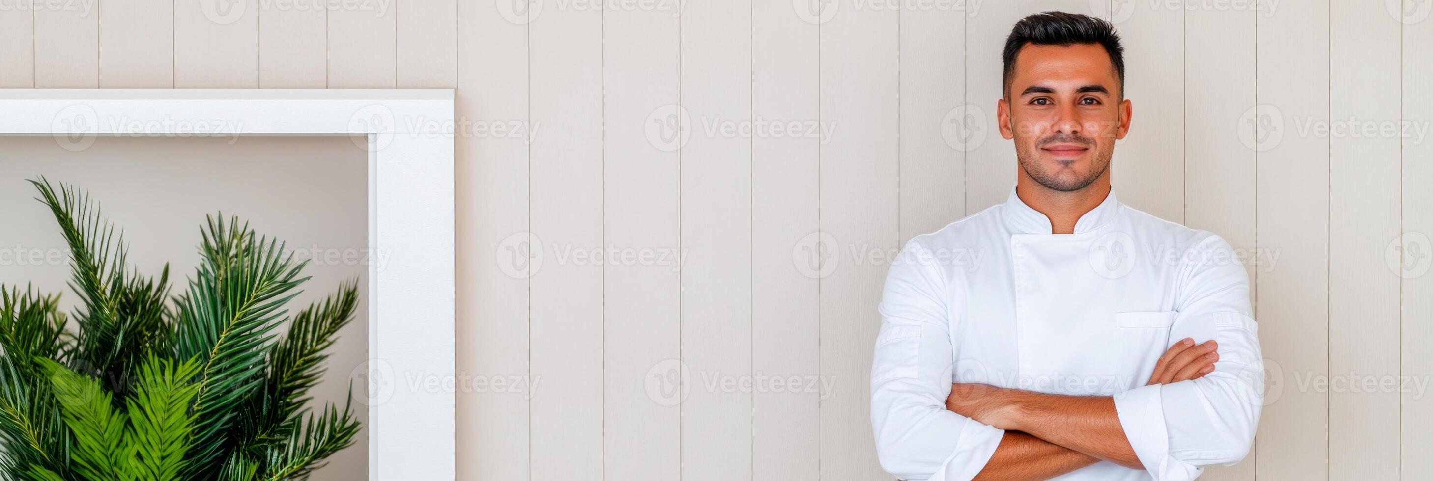 A happy chef stands confidently in a modern kitchen, embodying passion for culinary arts in a minimalistic setting photo