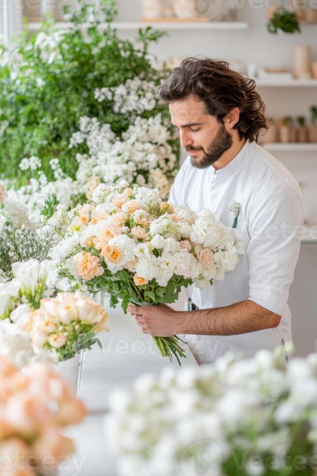 Flower specialist meticulously arranging blooms in a bright floral studio during daylight photo