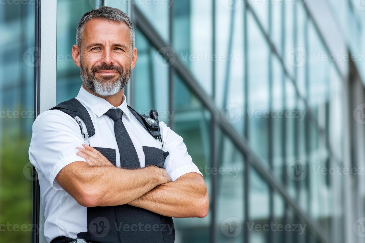 Confident security personnel standing outside a modern building during daylight hours photo