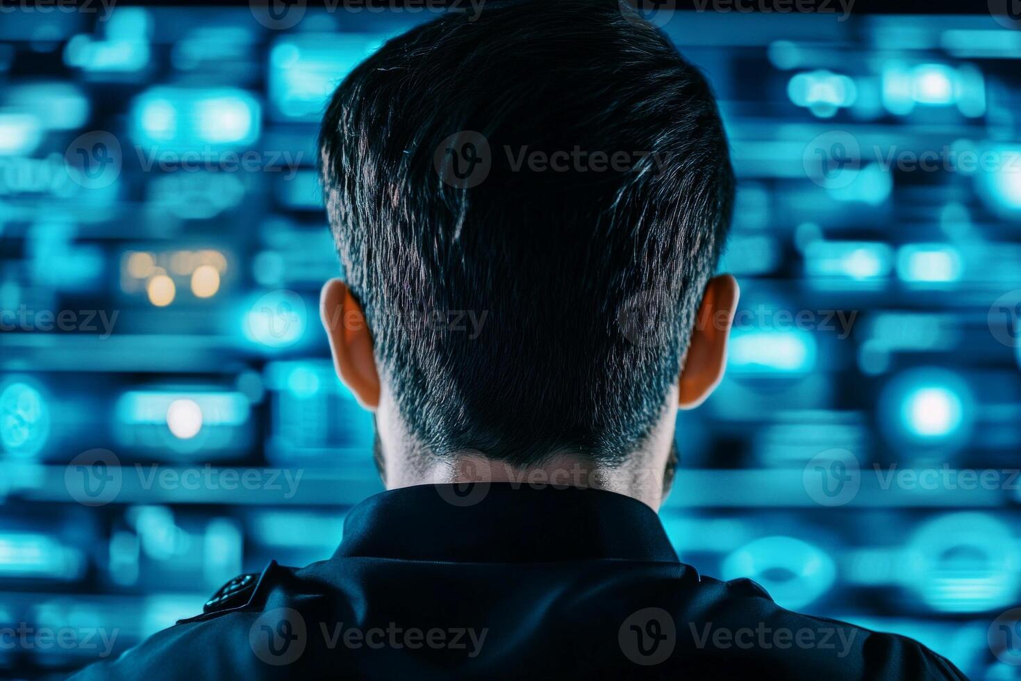 Security professional monitoring digital data in a control room during nighttime operations photo
