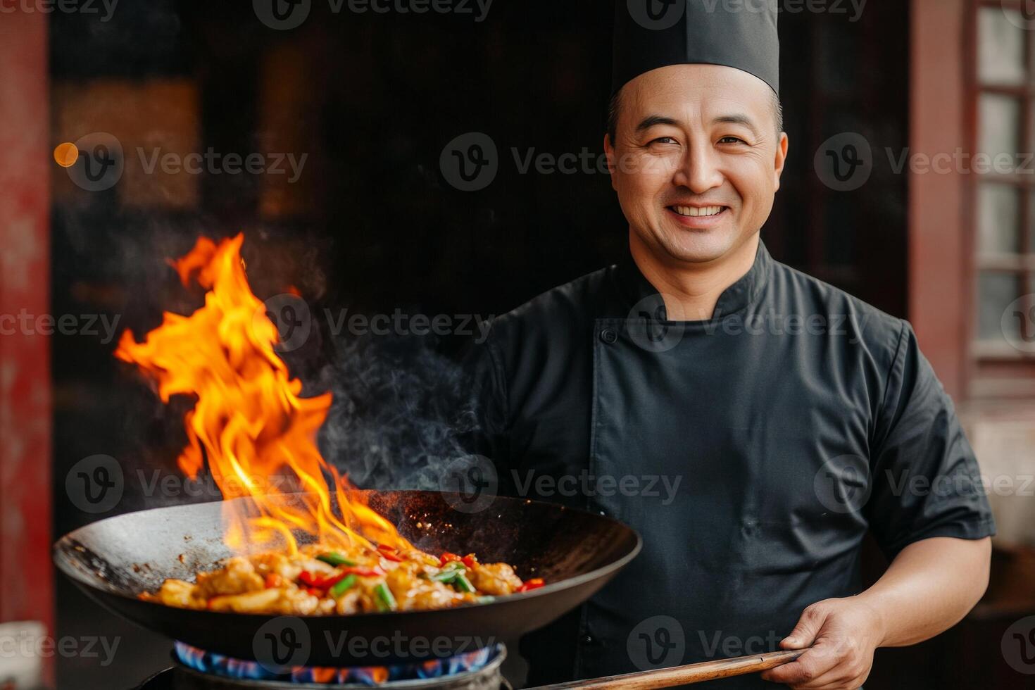 Happy chef cooking over an open flame in a minimalist kitchen during a vibrant culinary session photo