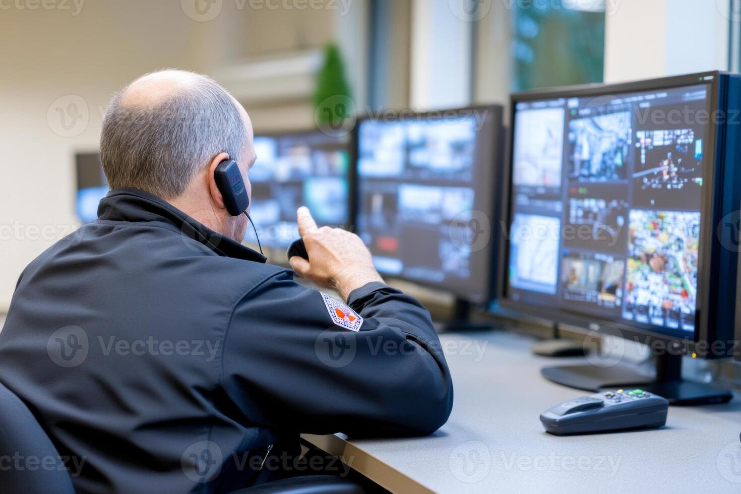 Security professional monitoring surveillance systems in a control room during daylight hours photo