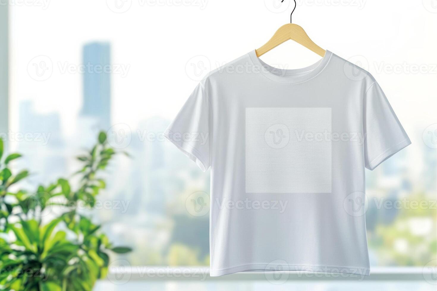 A blank white t-shirt hanging in a bright room with a city skyline view in the background photo