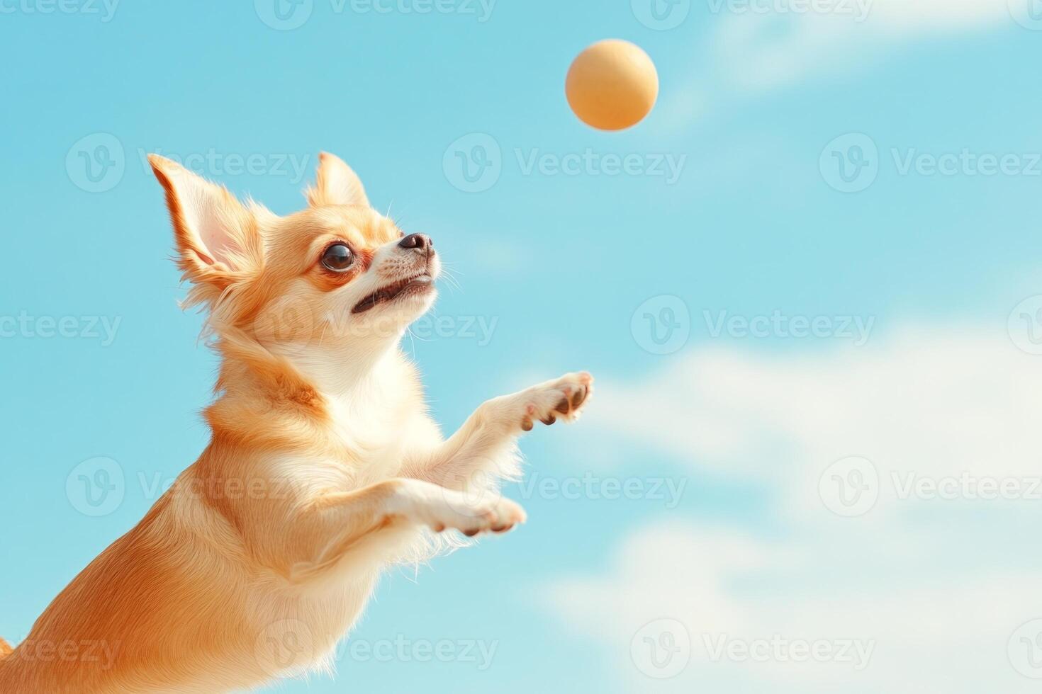 A Chihuahua joyfully leaps after a flying ball under a bright blue sky during a sunny day photo