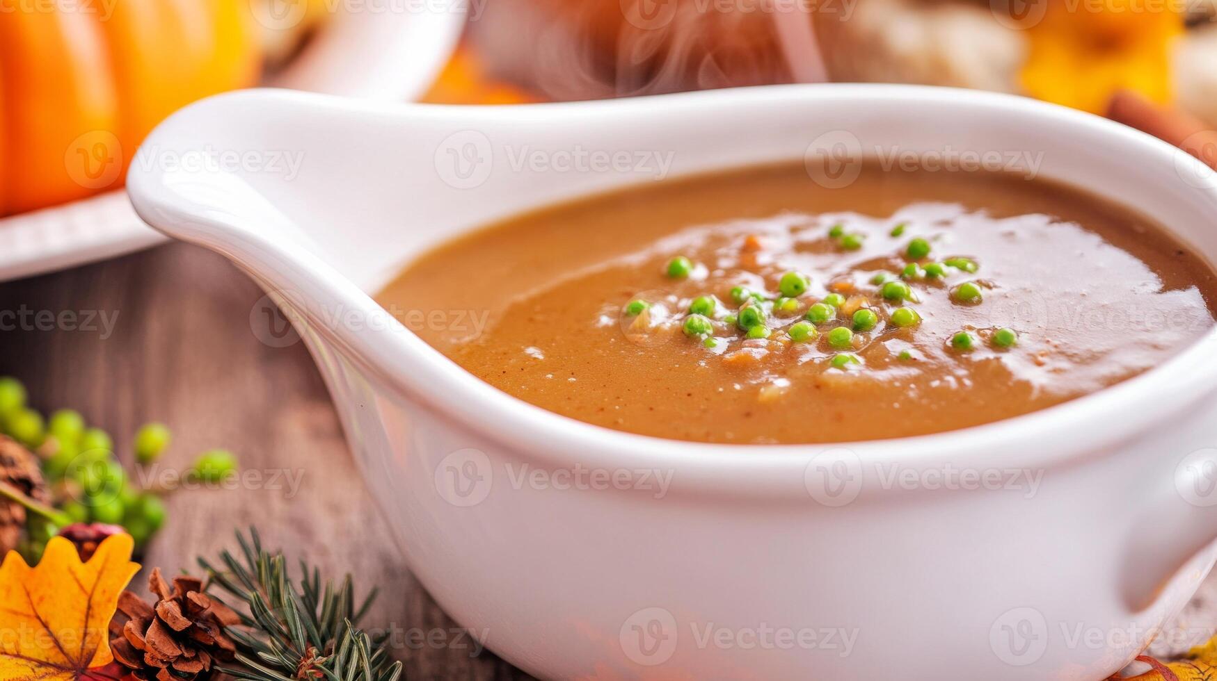 Close-up view of steaming savory soup served in a white bowl during autumn photo