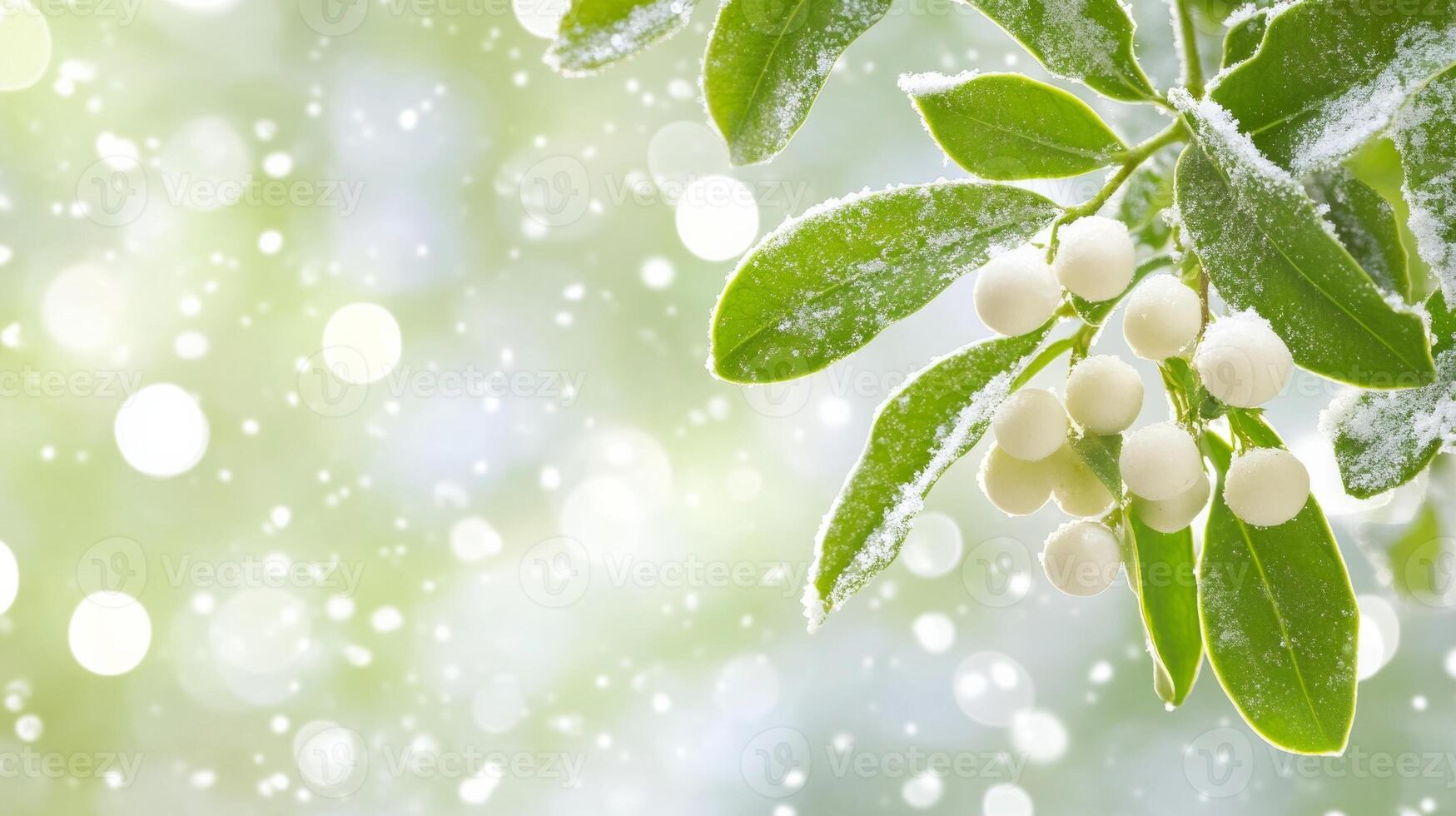 A serene winter landscape adorned with mistletoe surrounded by falling snowflakes photo