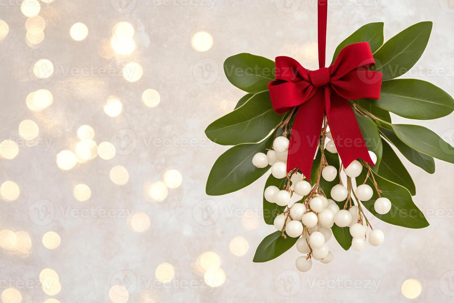 A festive sprig of Christmas mistletoe adorned with a red ribbon hanging above twinkling lights at holiday time photo