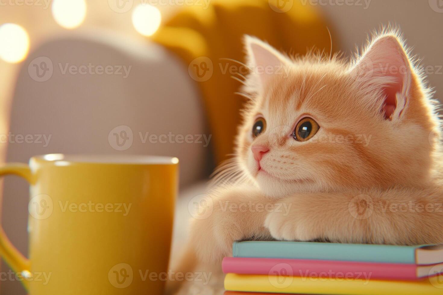 Curious kitten exploring a vibrant stack of colorful books with a yellow mug nearby in a cozy setting photo