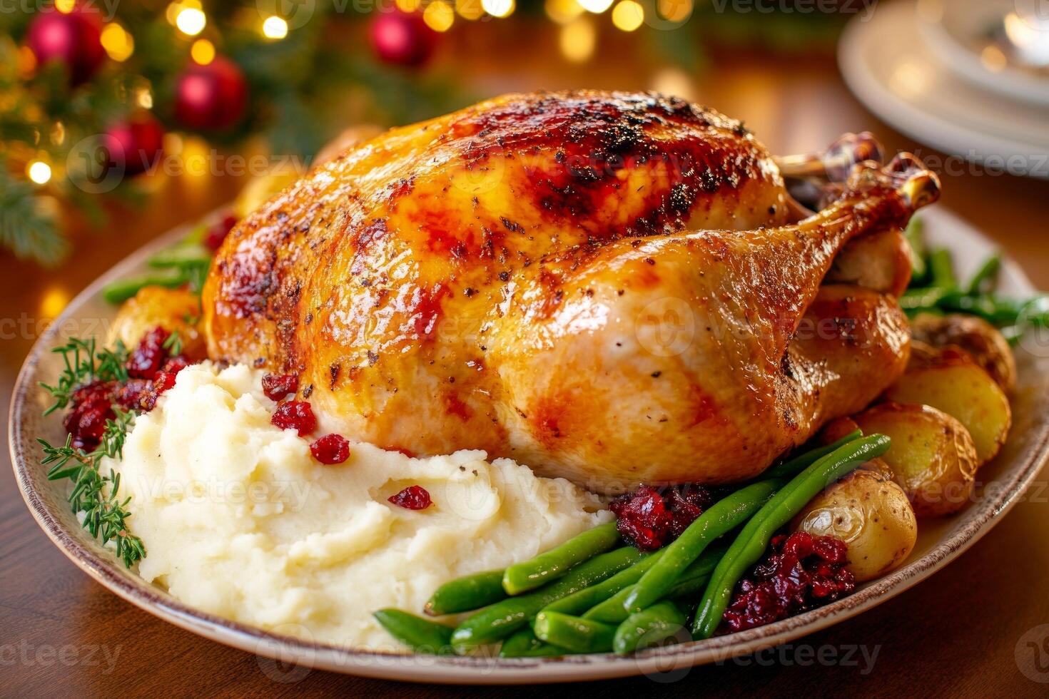 A beautifully roasted Thanksgiving turkey served on a festive table with sides of mashed potatoes and green beans photo