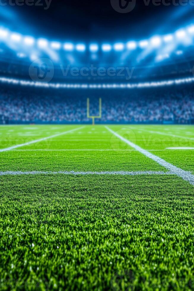 A vibrant American football stadium ready for a thrilling evening match with bright lights illuminating the field photo