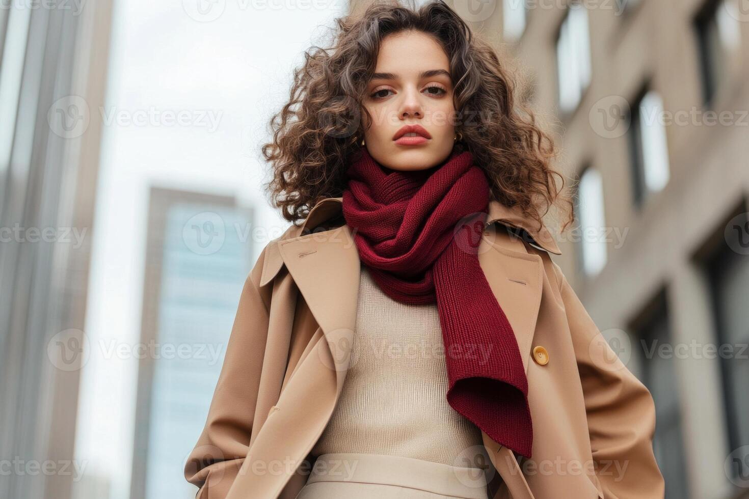 Stylish fashion model in a trench coat and red scarf poses confidently in an urban environment photo