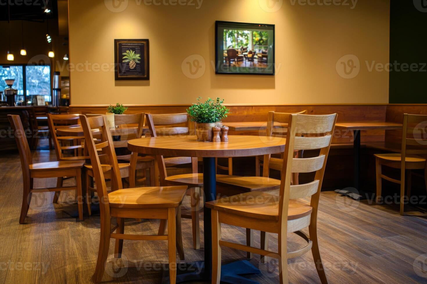 Cozy caf corner with Pine Grove chairs and wooden tables inviting relaxation over coffee photo