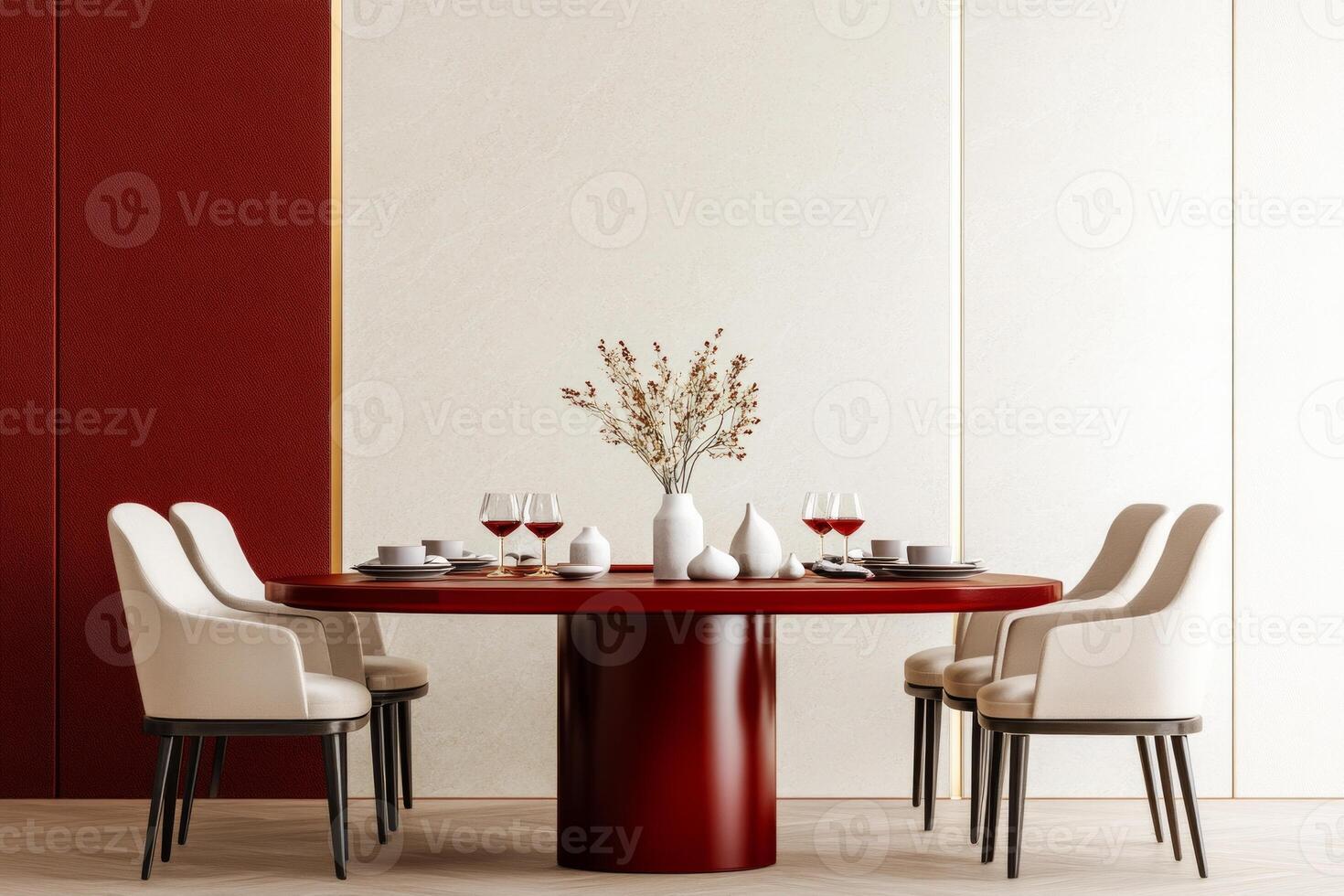 Modern dining room with Pine Grove accent wall and deep red table for stylish gatherings photo